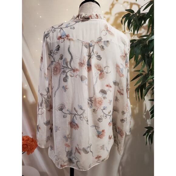 Angela Moda Silk Floral Ruffle Keyhole Bell Sleeve Blouse Top Size L Italy Made - Picture 3 of 12